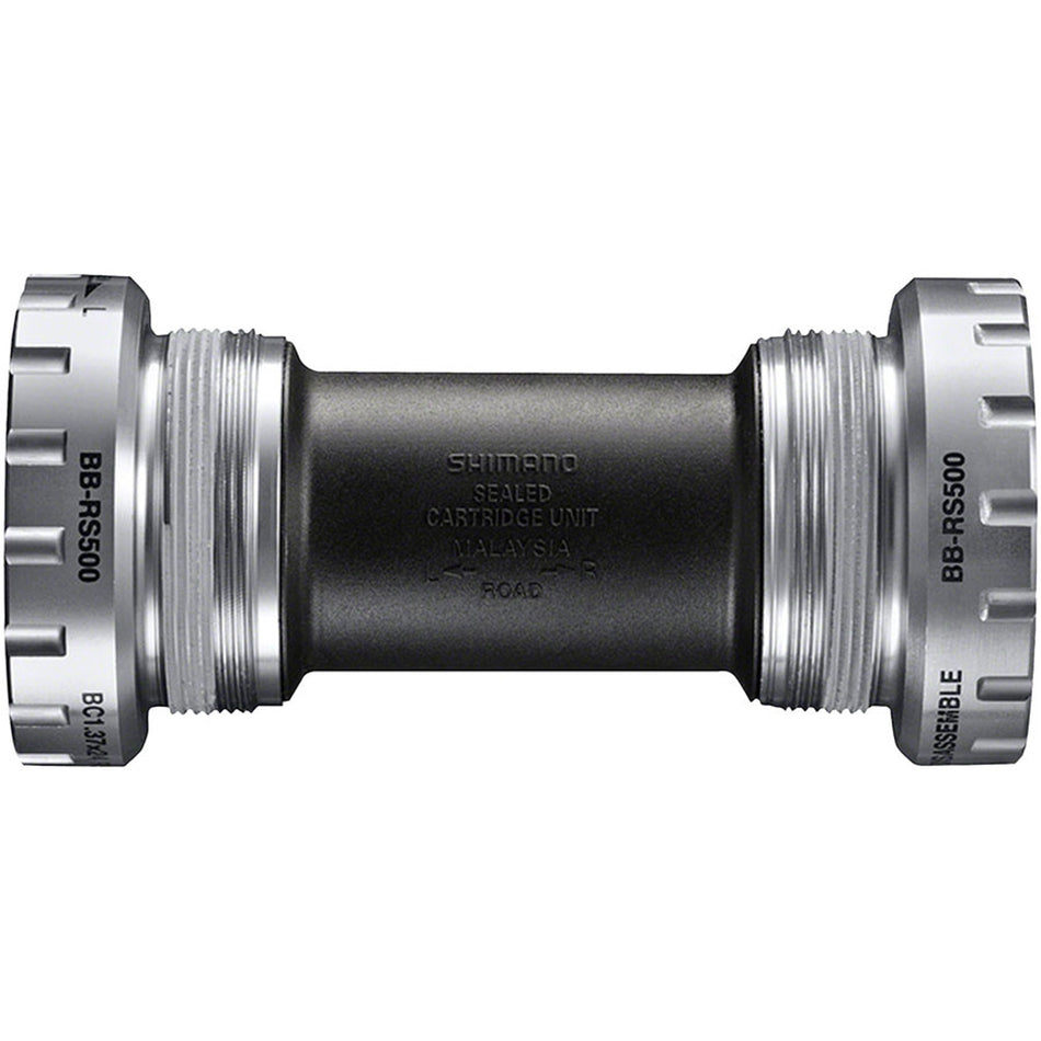 Shimano BB-RS501 bottom bracket installed in a bicycle frame, showing the cylindrical metal components for smooth pedal rotation.