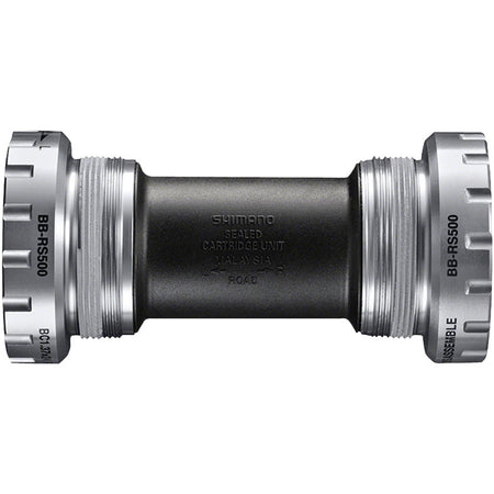 Shimano BB-RS501 bottom bracket with black finish, shown installed on a bicycle crankset for smooth pedaling.
