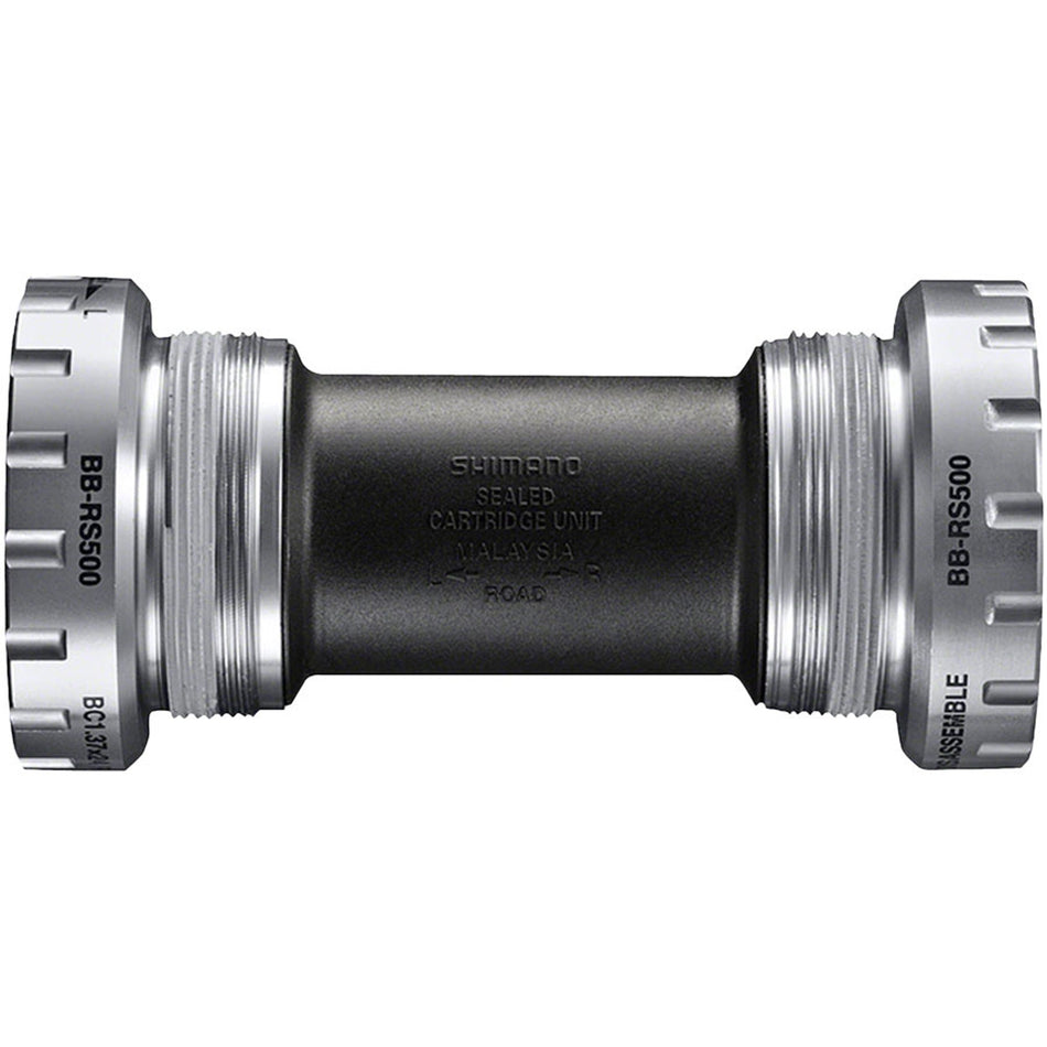 Shimano BB-RS501 bottom bracket with black finish, shown installed on a bicycle crankset for smooth pedaling.