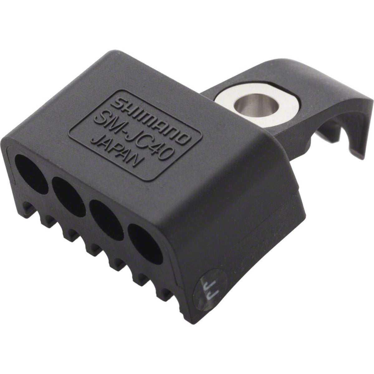 Shimano Di2 frame junction box for electronic shifters, shown in black with cable connections on a bicycle frame.