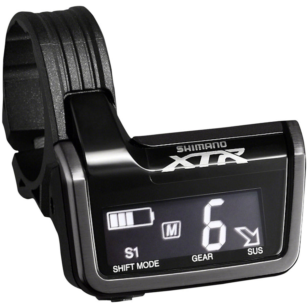 Shimano digital display unit for electronic shifters, showing gear settings and system information on a sleek electronic component.