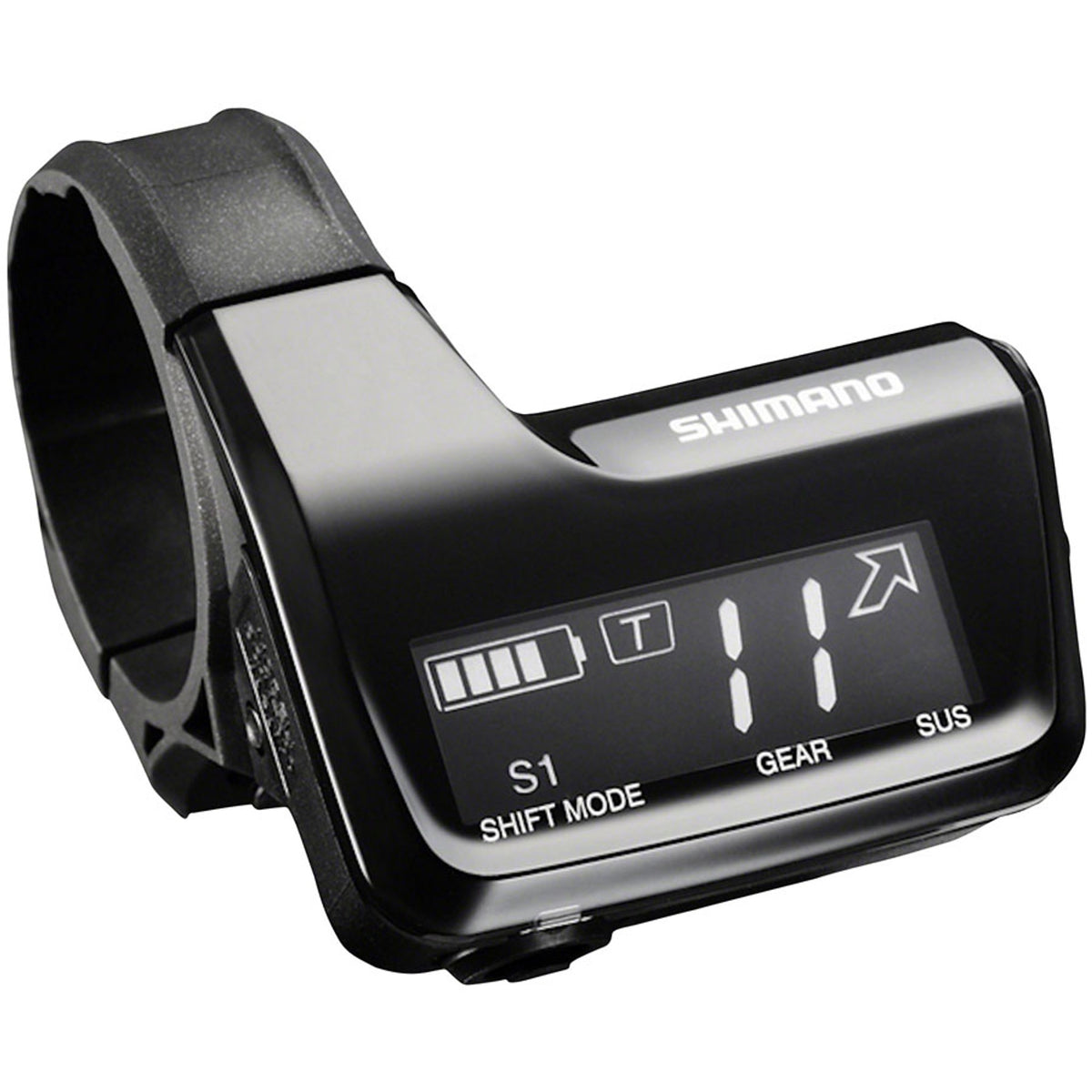 Shimano digital display unit for electronic shifters, showing a sleek electronic component with buttons and digital screen.