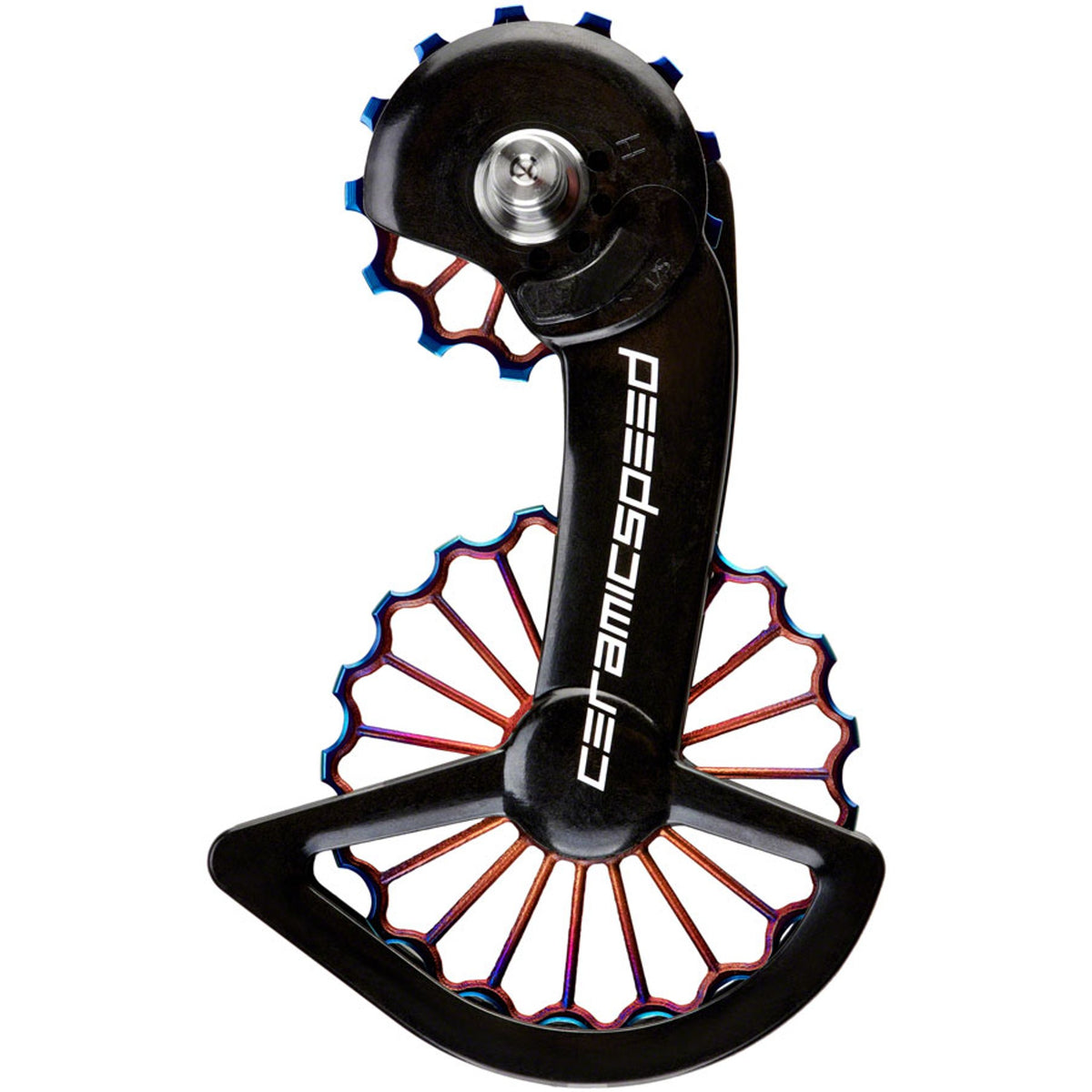 CeramicSpeed OSPW rear derailleur with black carbon cage for Shimano Dura Ace 9200 and Ultegra 8100 series bikes.