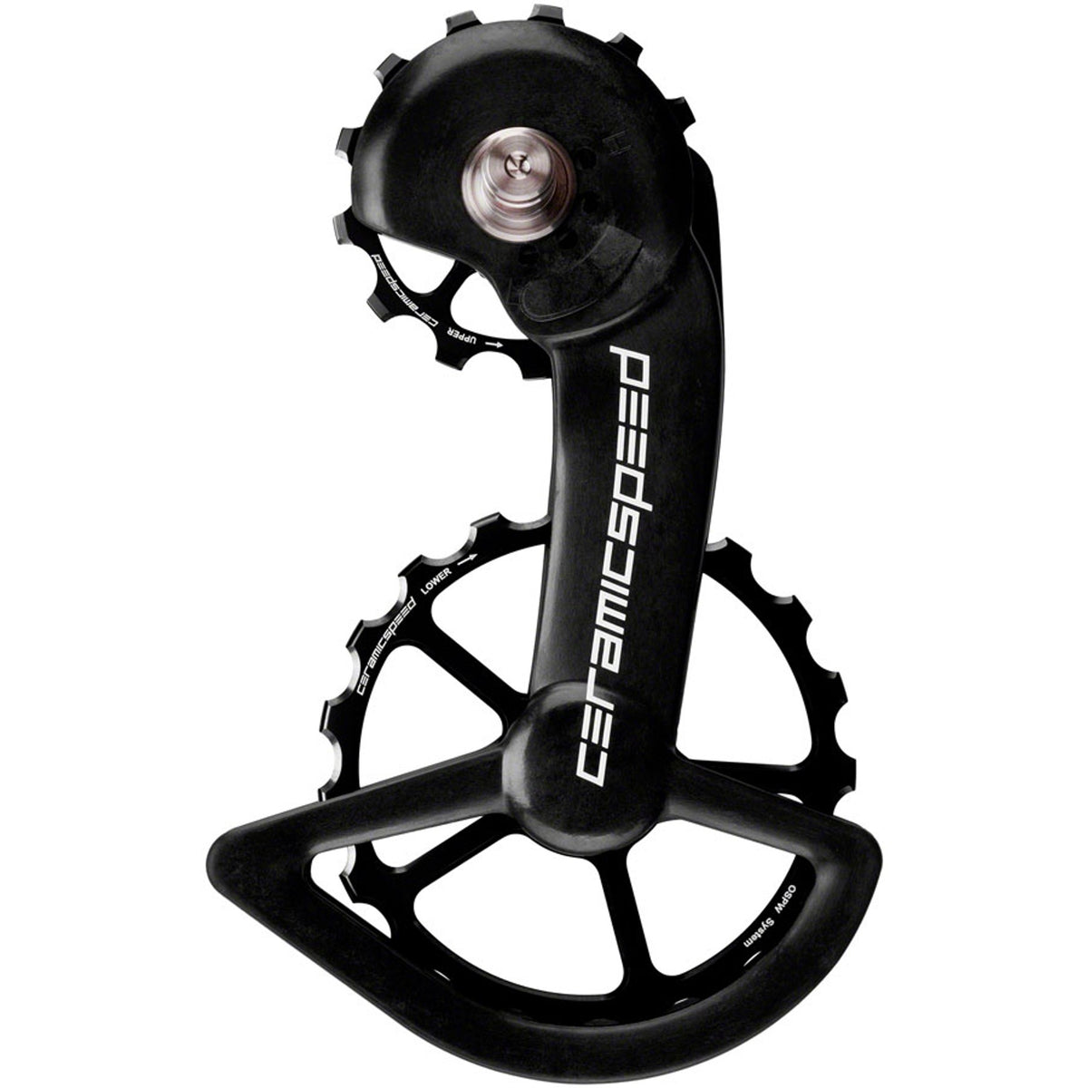 CeramicSpeed OSPW rear derailleur for Shimano Dura Ace 9200 and Ultegra 8100, black carbon cage, high-performance bike component.