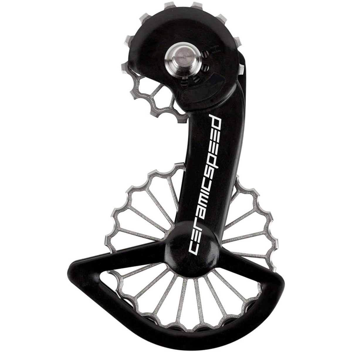 CeramicSpeed OSPW rear derailleur for Shimano Dura Ace 9200 and Ultegra 8100, black carbon cage, high-performance bike component.