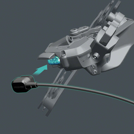 Shimano EW-EC300 charging cable for electronic shifters, showing the cable with connector and compatible electronic shifter parts.