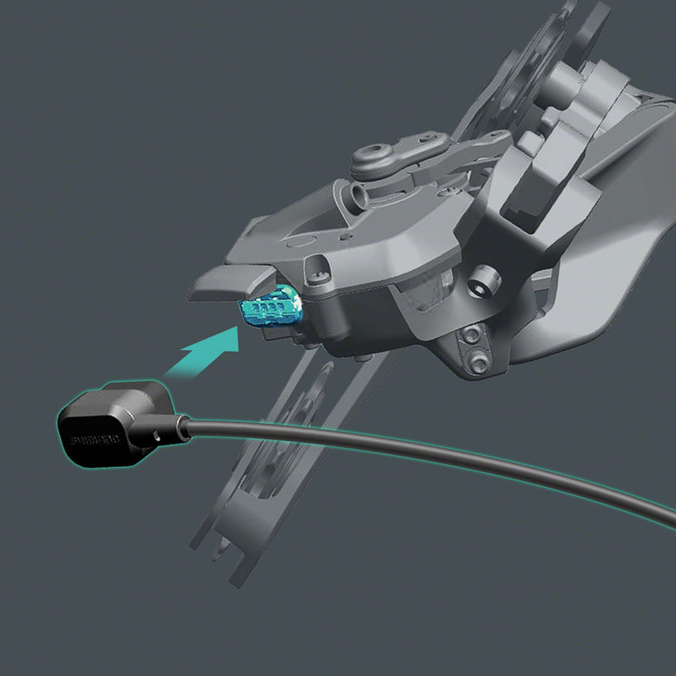 Shimano EW-EC300 charging cable for electronic shifters, showing the cable with connector and compatible electronic shifter parts.
