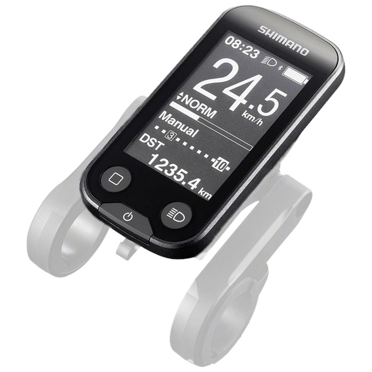 Shimano SC-E6100 cycle computer display showing digital speed, distance, and gear information on a bike handlebar.