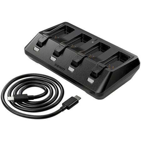 SRAM AXS battery and charger accessories for electronic shifters and bike components, shown with charging cables and mounting parts.