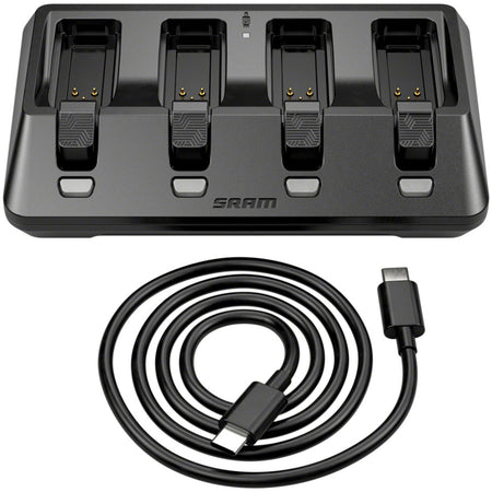 SRAM AXS battery and charger accessories for electronic shifters, featuring charging cables and replacement batteries.