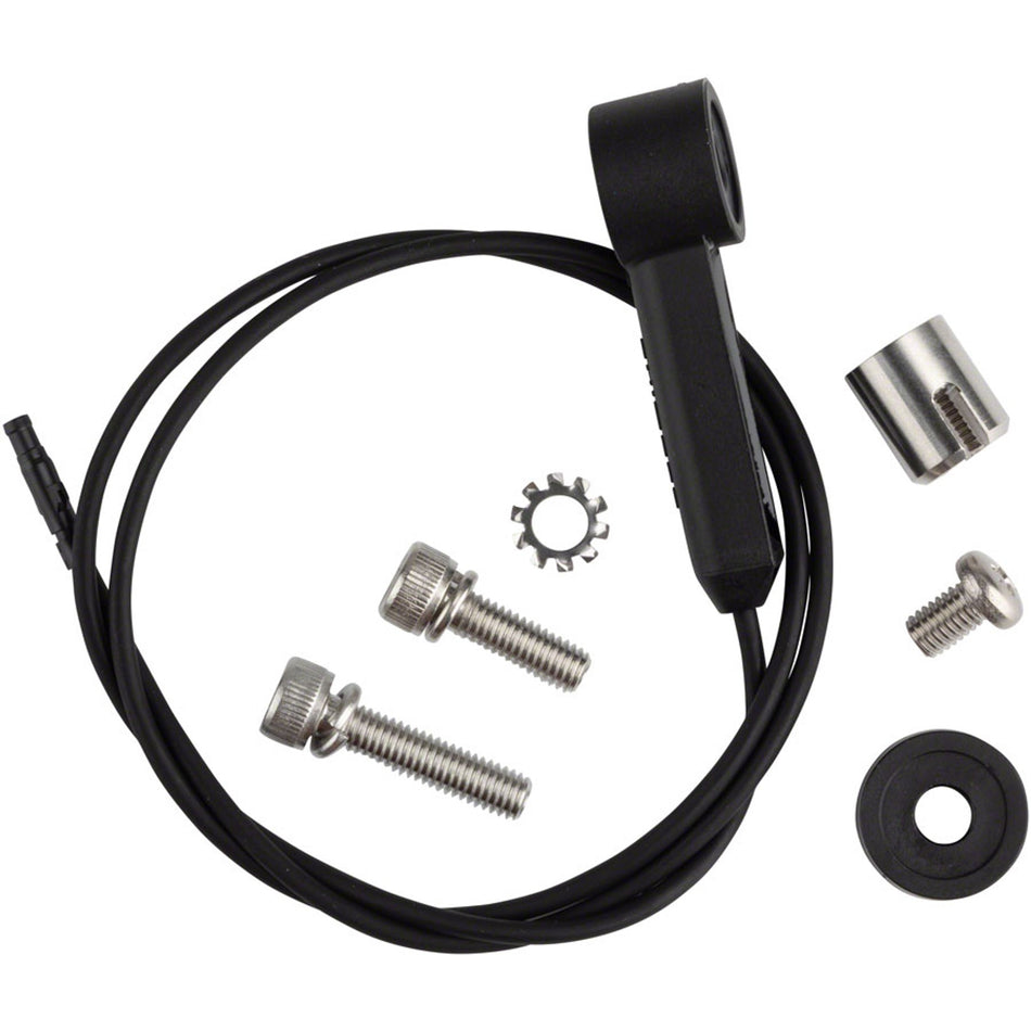 Shimano Steps EW-SS300 speed sensor unit connected to bike electrical cable, used for speed and cadence data transmission.