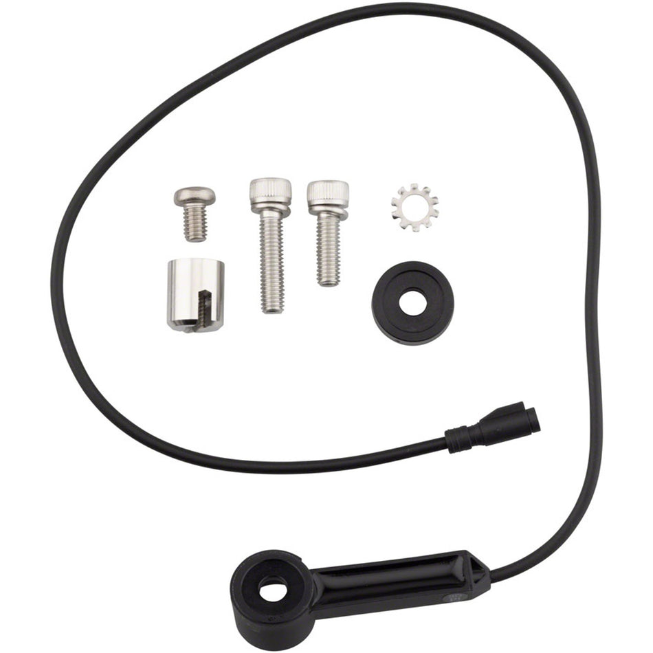 Shimano Steps SM-DUE10 speed sensor unit connected to a bicycle's electrical cable for speed detection.