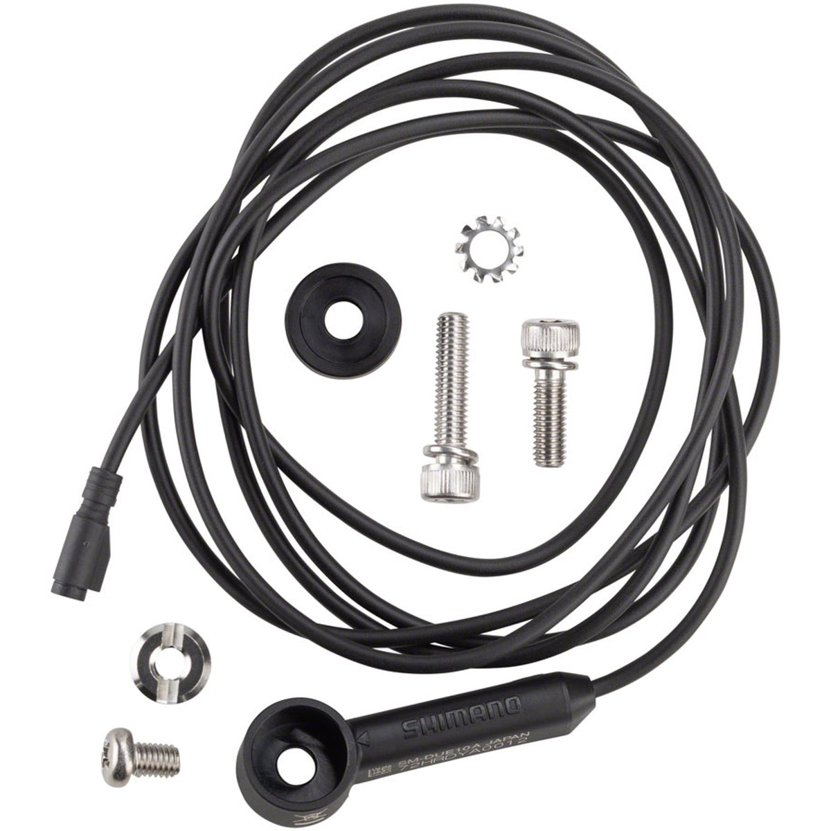Shimano Steps SM-DUE10 speed sensor unit connected to electrical cables and adapters for e-bike speed detection.
