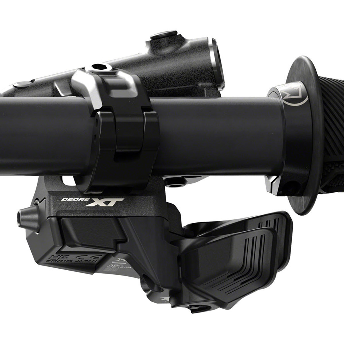 Shimano Deore XT SW-M8150 switch remote control for bike gear shifting, mounted on handlebar with display buttons.