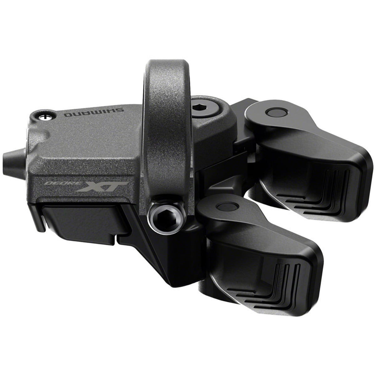 Shimano Deore XT SW-M8150 switch display and remote for bike gear shifting, shown on a bike handlebar.