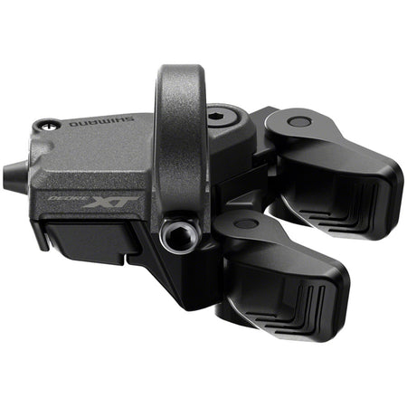 Shimano Deore XT SW-M8150 switch display and remote for bike gear shifting, shown on a bike handlebar.