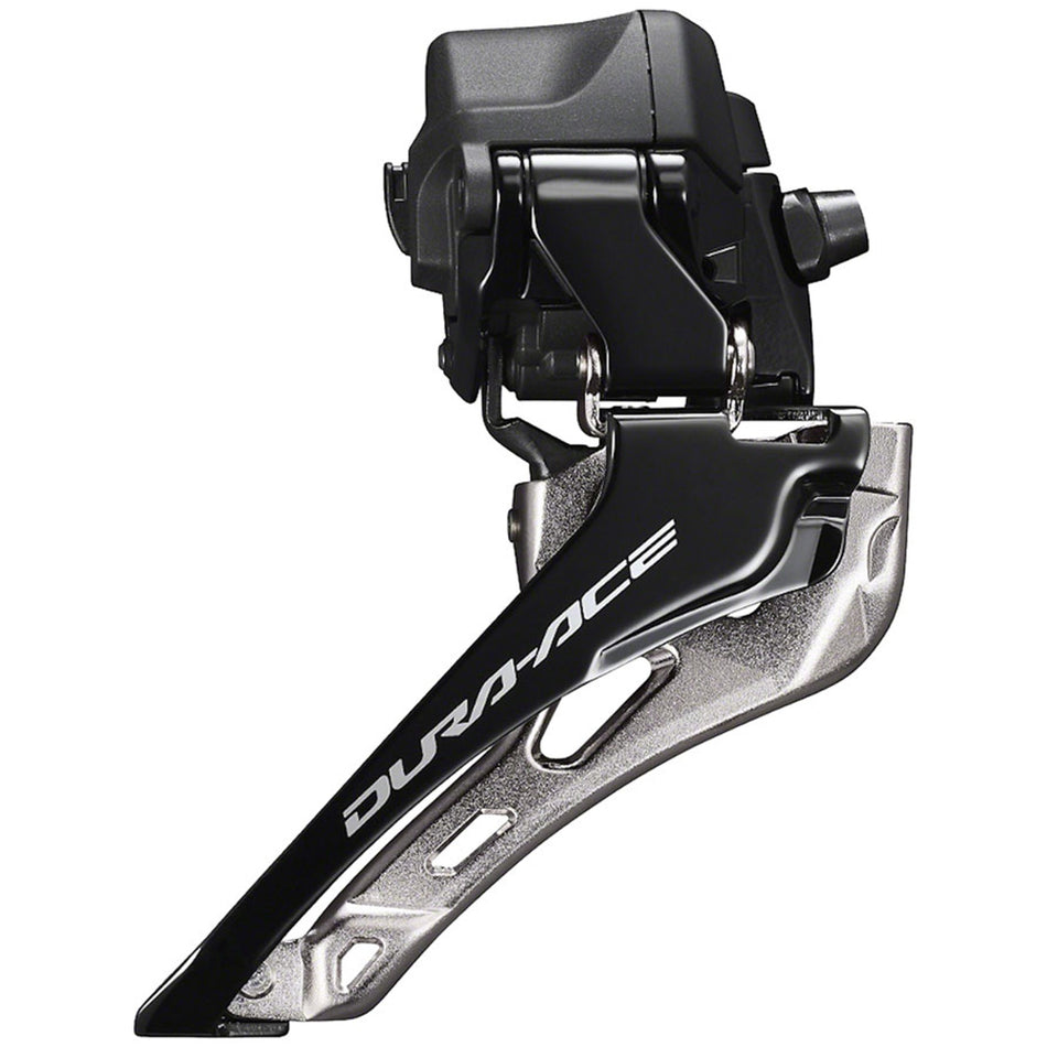 Shimano Dura-Ace FD-R9250 front derailleur showing sleek, lightweight design for fast front shifting on a road bike.