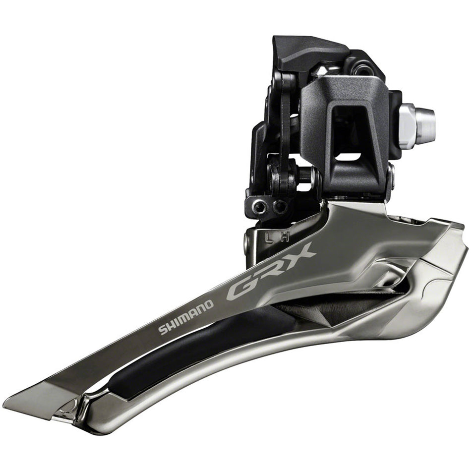Shimano GRX FD-RX820-F front derailleur mounted on bike, showing sleek black design and mounting hardware for gravel riding.