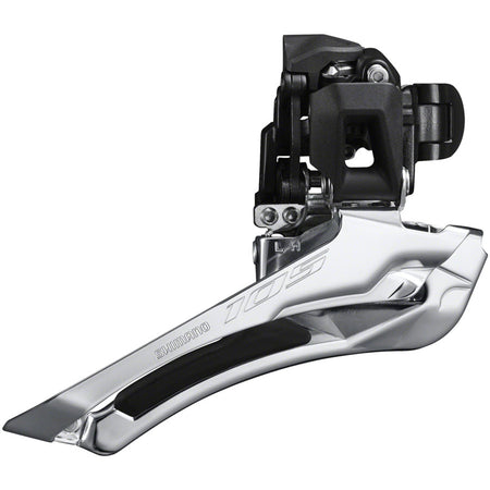 Shimano 105 FD-R7100 front derailleur attached to bike frame, showing precise mechanical components and mounting area.