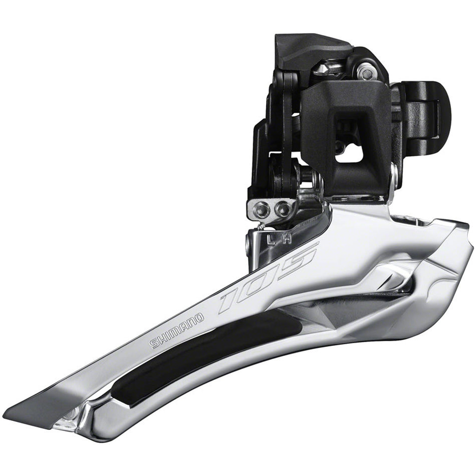 Shimano 105 FD-R7100 front derailleur for road bikes, showing the metal body and mounting mechanism.