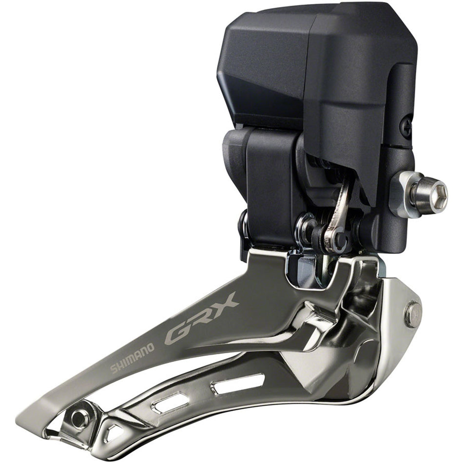 Shimano GRX FD-RX825 Di2 front derailleur mounted on a bicycle, showcasing the durable design for gravel and adventure riding.