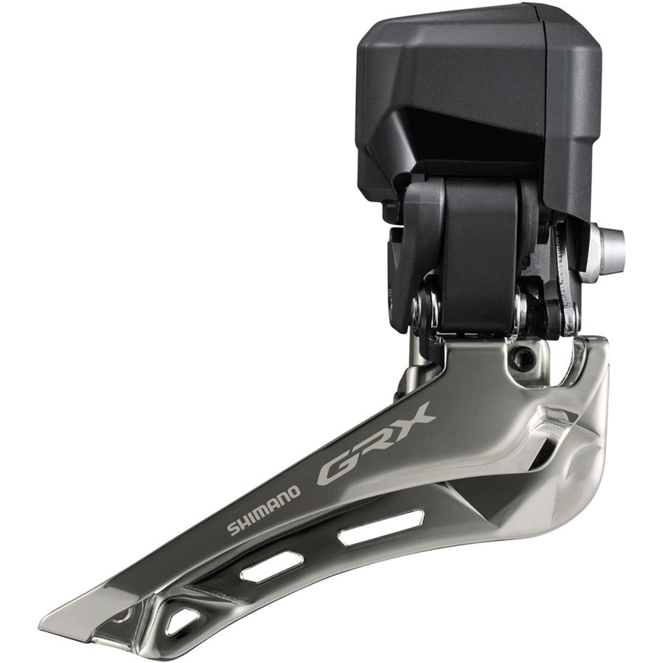Shimano GRX FD-RX825 Di2 front derailleur attached to a bicycle, showcasing its robust build and precise shifting mechanism.