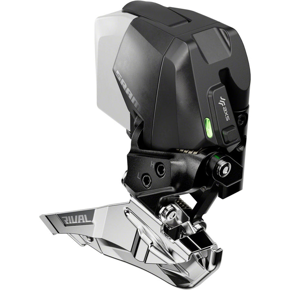 SRAM Rival eTap AXS front derailleur, lightweight bicycle component with sleek design and precise shifting for road bikes.