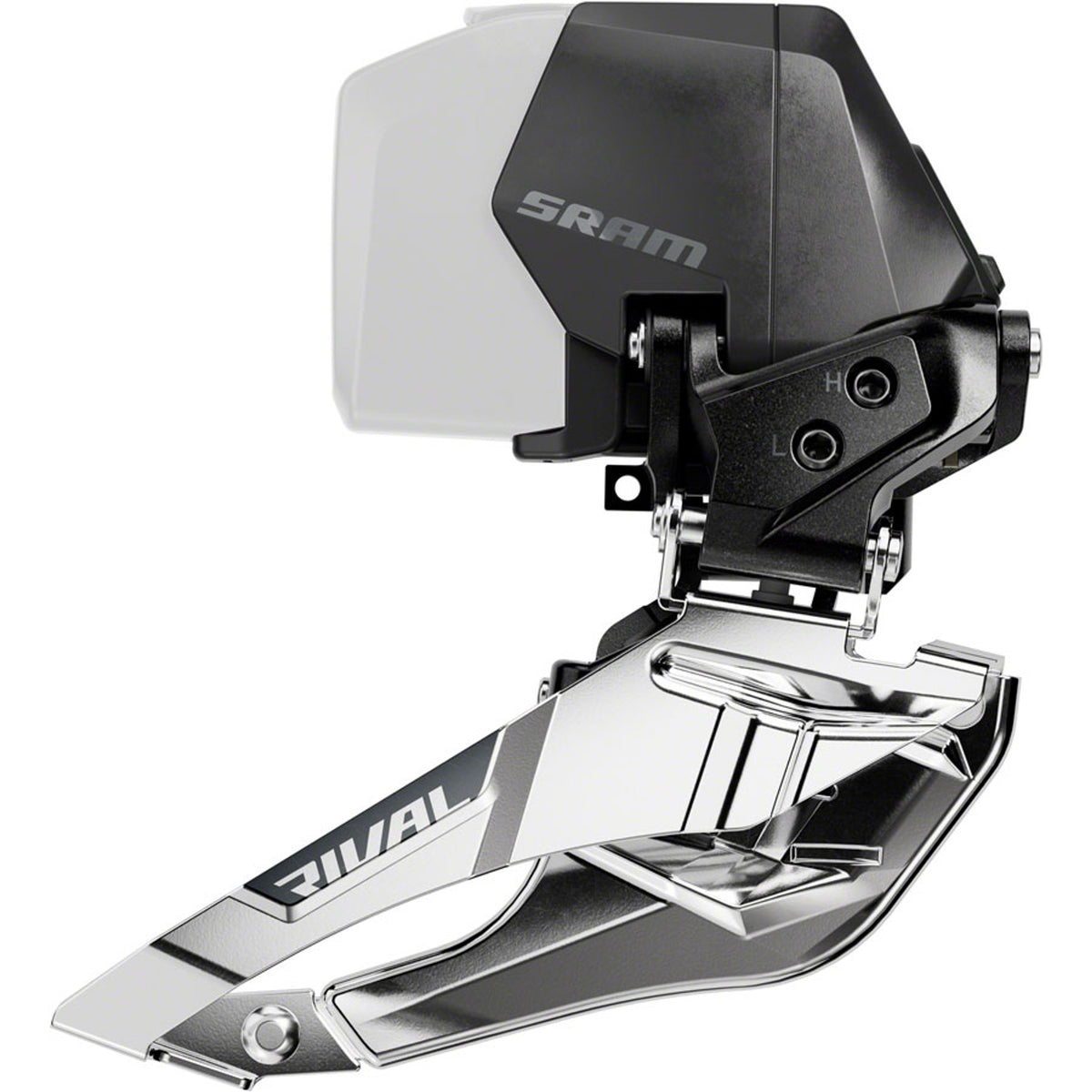 SRAM Rival eTap AXS front derailleur E1, lightweight bike component with precise shifting for road cycling, mounted on a bike frame.
