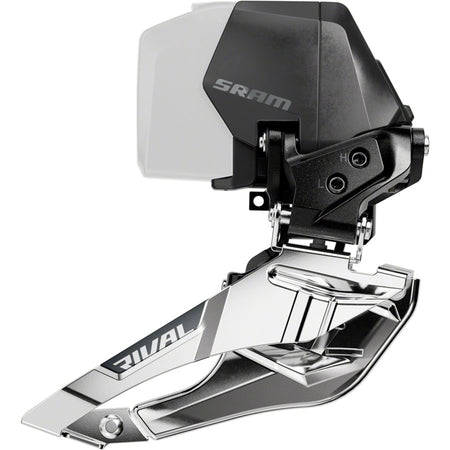 SRAM Rival eTap AXS front derailleur E1, lightweight bike component with precise shifting for road cycling, mounted on a bike frame.