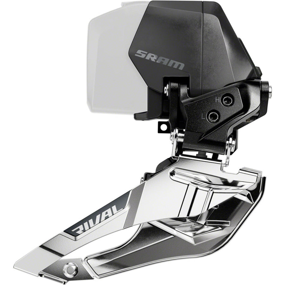 SRAM Rival eTap AXS front derailleur E1, lightweight bike component with precise shifting for road cycling, mounted on a bike frame.