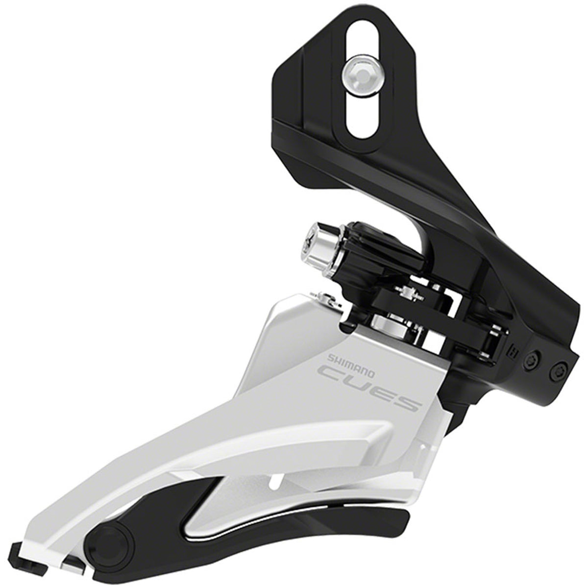 Shimano CUES FD-U4000 Linkglide front derailleur mounted on a bike frame, showcasing the gear mechanism and brand logo.