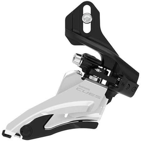 Shimano CUES FD-U4000 Linkglide front derailleur mounted on a bike frame, showcasing the gear mechanism and brand logo.
