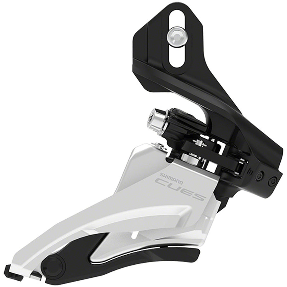 Shimano CUES FD-U4000 Linkglide front derailleur mounted on a bike frame, showcasing the gear mechanism and brand logo.