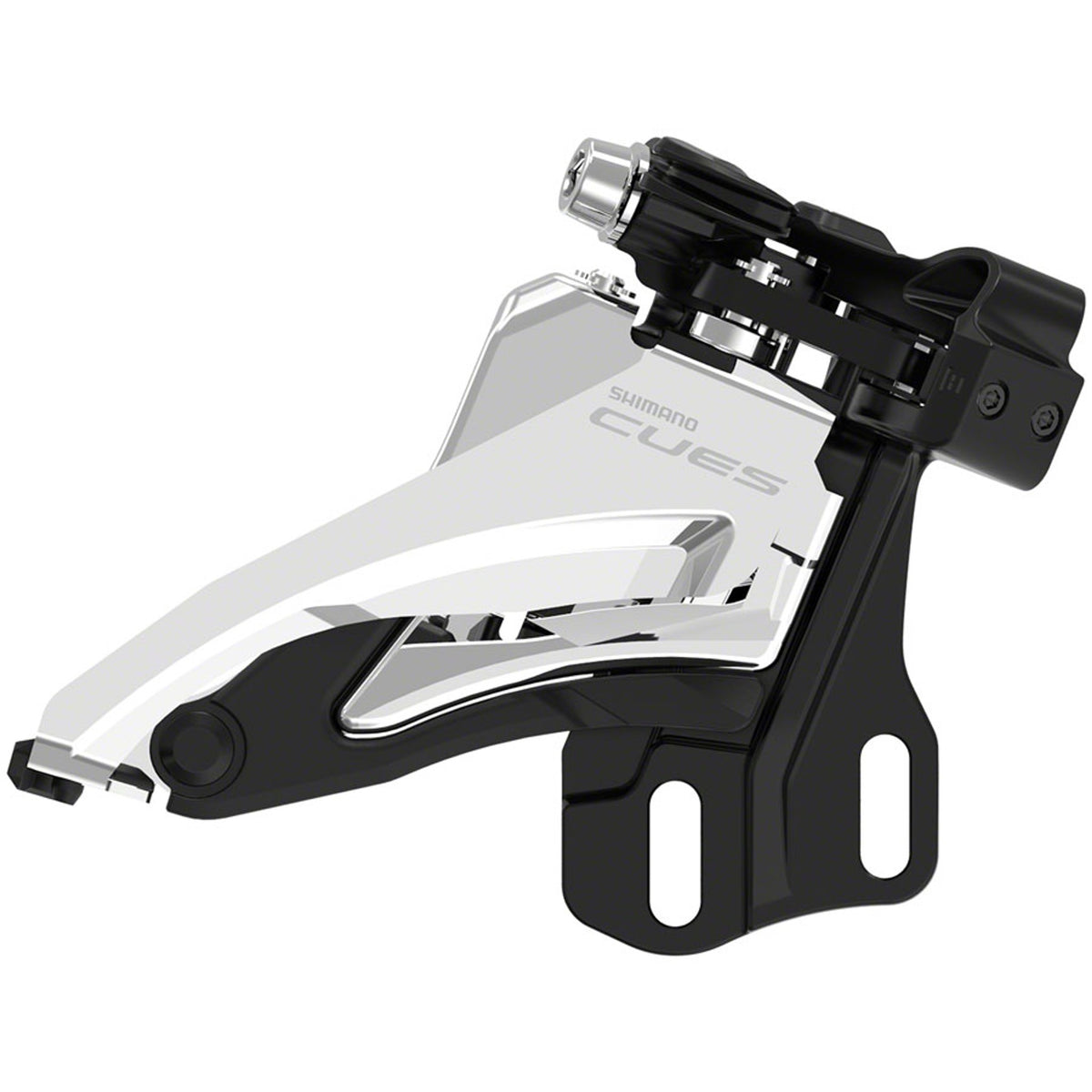 Shimano CUES FD-U4000 Linkglide front derailleur mounted on bike frame, showing the sleek design and mounting mechanism.
