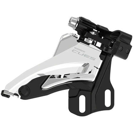 Shimano CUES FD-U4000 Linkglide front derailleur mounted on bike frame, showing the sleek design and mounting mechanism.
