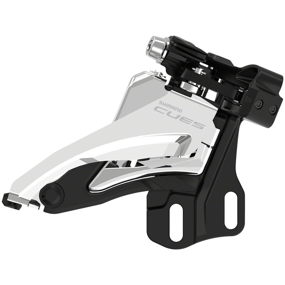 Shimano CUES FD-U4000 Linkglide front derailleur mounted on bike frame, showing the sleek design and mounting mechanism.