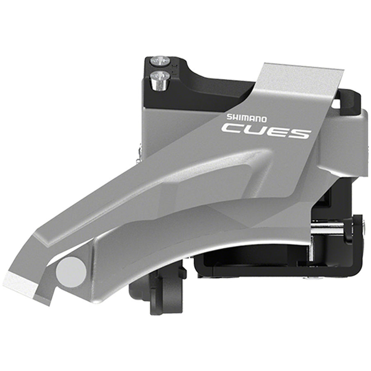 Shimano CUES FD-U4000 Linkglide front derailleur mounted on a bicycle, showing the metallic body and adjustment screws.
