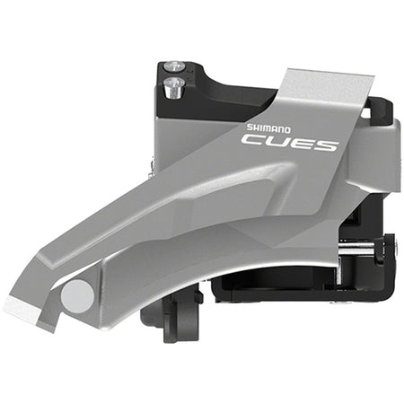 Shimano CUES FD-U4000 Linkglide front derailleur mounted on a bicycle, showing the metallic body and adjustment screws.