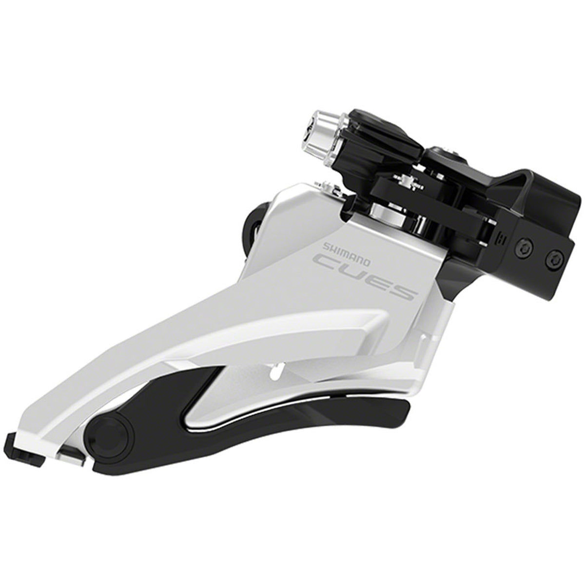 Shimano CUES FD-U4000 Linkglide front derailleur for bicycles, showing its sleek metal construction and mounting mechanism.