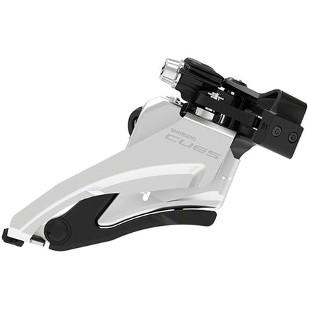 Shimano CUES FD-U4000 Linkglide front derailleur for bicycles, showing its sleek metal construction and mounting mechanism.