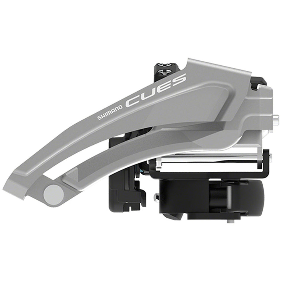Shimano CUES FD-U4010 LINKGLIDE front derailleur mounted on a bicycle, showcasing sleek design and linkage mechanism.