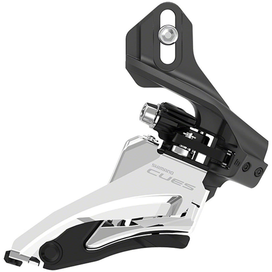 Shimano CUES FD-U6000 Linkglide front derailleur with mounting clamp and guide, designed for smooth shifting on bicycles.