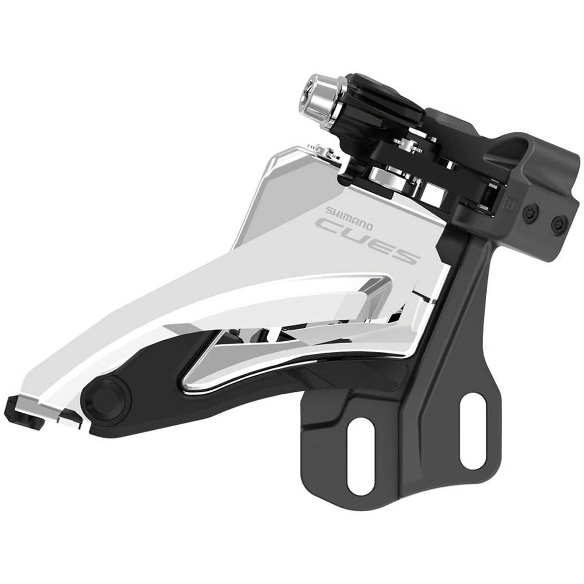 Shimano CUES FD-U6000 Linkglide front derailleur mounted on a bicycle frame, showing the mechanical components and mounting bracket.