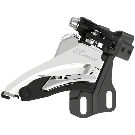 Shimano CUES FD-U6000 Linkglide front derailleur mounted on a bicycle frame, showing the mechanical components and mounting bracket.