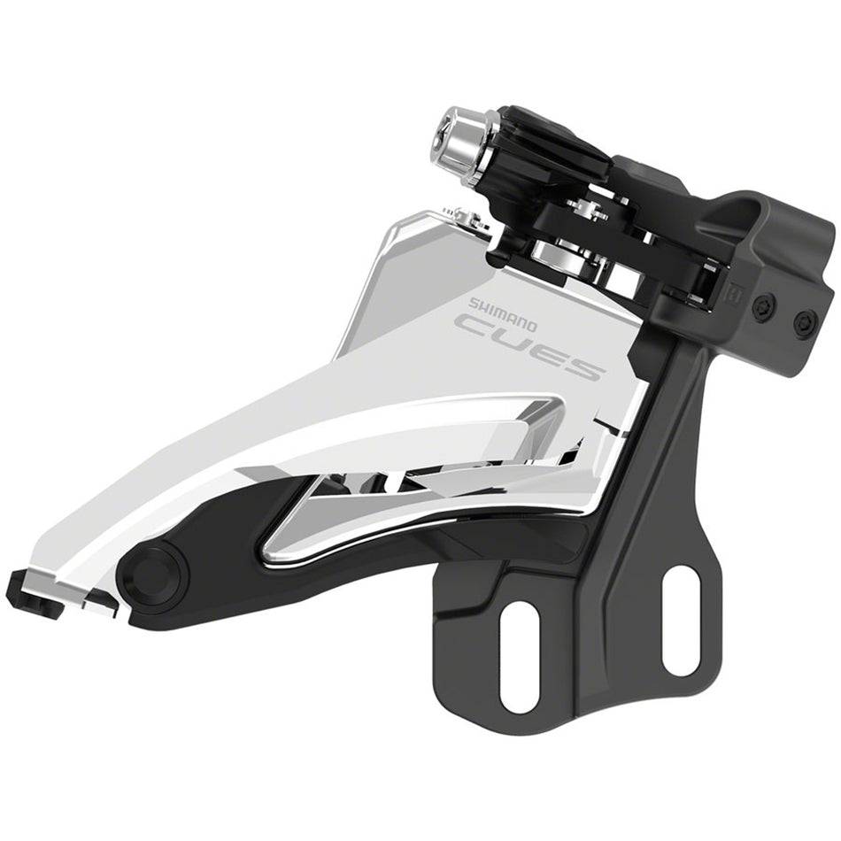 Shimano CUES FD-U6000 Linkglide front derailleur mounted on a bicycle frame, showing the mechanical components and mounting bracket.