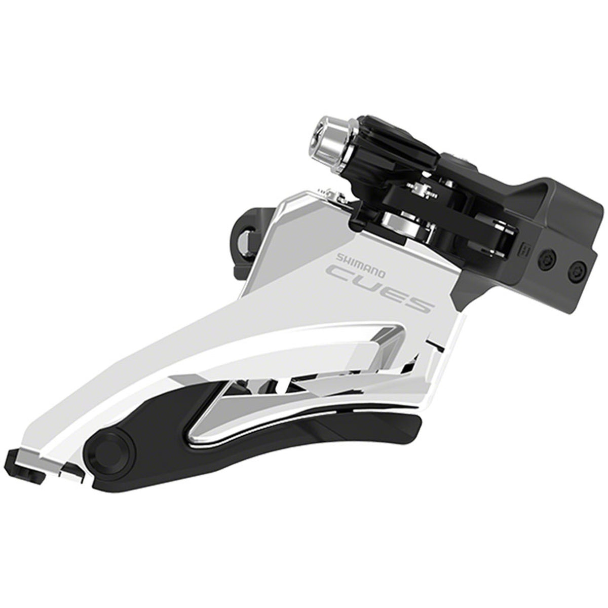 Shimano CUES FD-U6000 Linkglide front derailleur mounted on a bicycle frame, showing the derailleur mechanism and mounting hardware.
