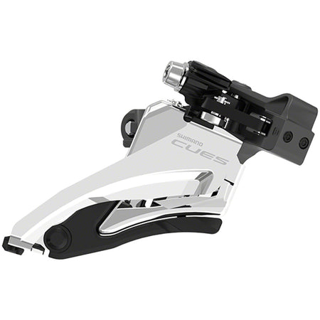 Shimano CUES FD-U6000 Linkglide front derailleur mounted on a bicycle frame, showing the derailleur mechanism and mounting hardware.
