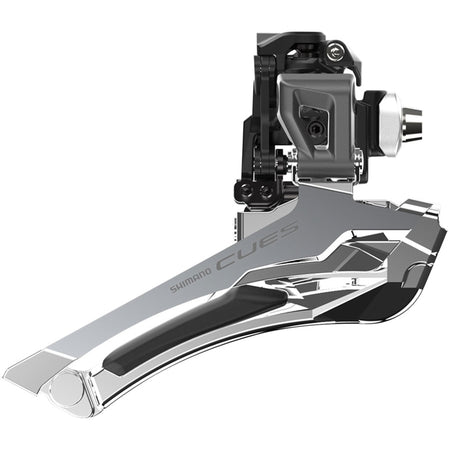 Shimano CUES FD-U6030 Linkglide front derailleur mounted on a bicycle, showcasing its design and attachment mechanism.
