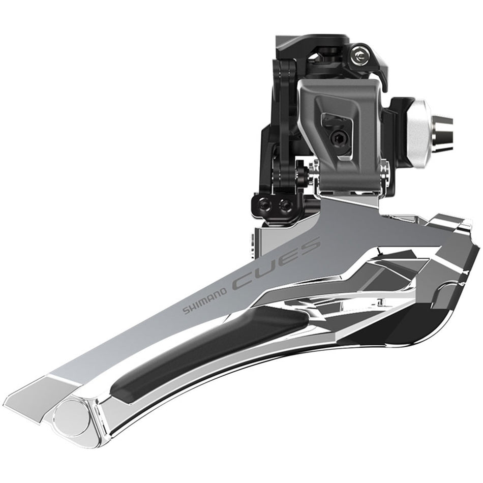 Shimano CUES FD-U6030 Linkglide front derailleur mounted on a bicycle, showcasing its design and attachment mechanism.