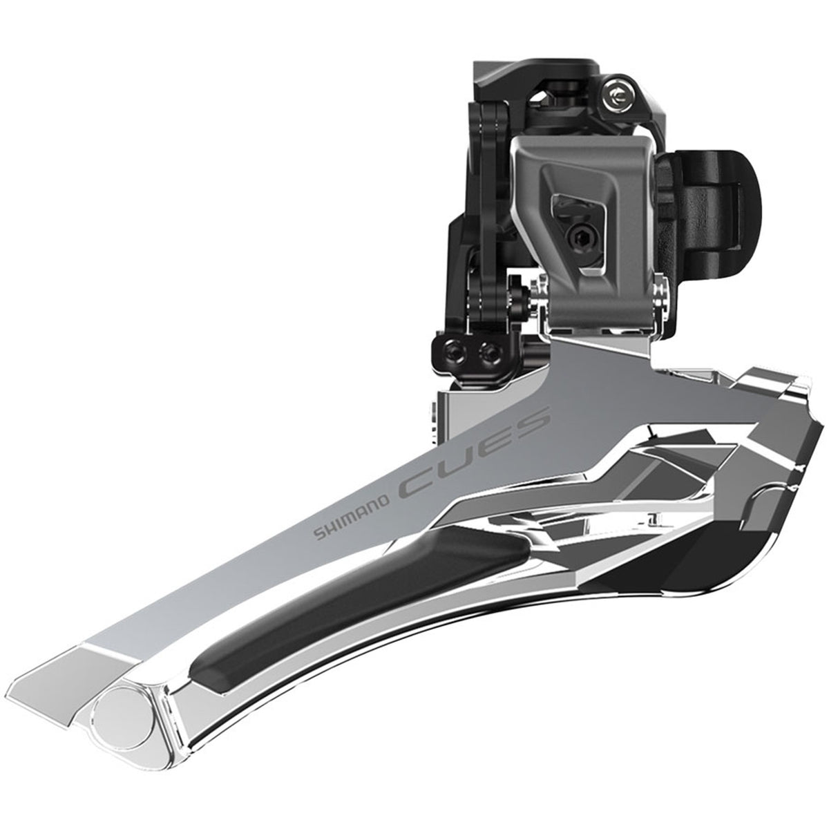 Shimano CUES FD-U6030 Linkglide front derailleur mounted on bicycle, showing its sleek design and mounting hardware.